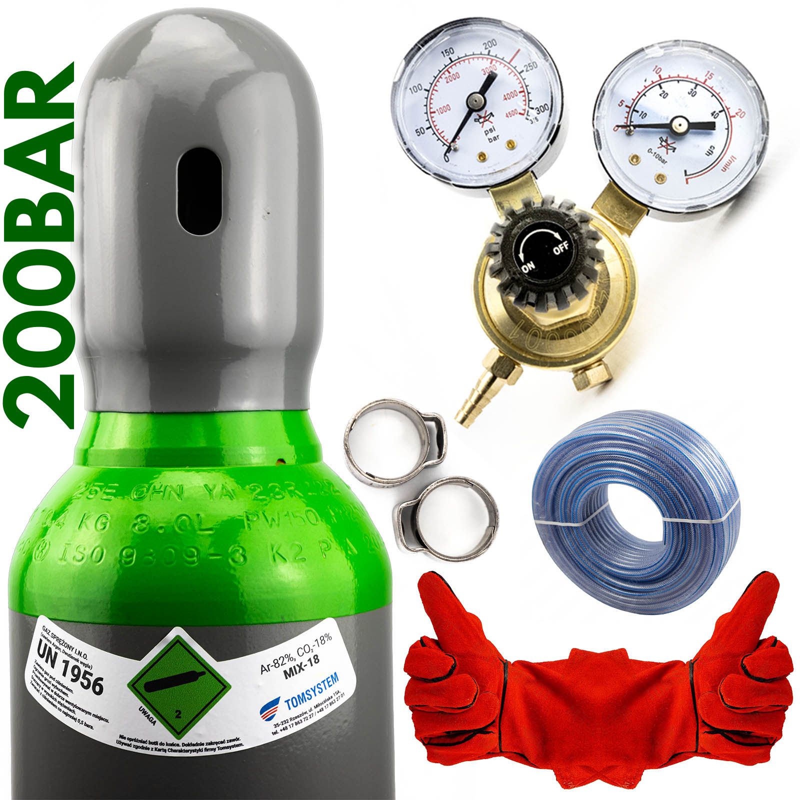 SET – FLAŠA NA ZMIEŠANÝ PLYN 8L / 200 BAR (ARGÓN 82% + CO2 18% - PLNÁ) + PRÍSLUŠENSTVO